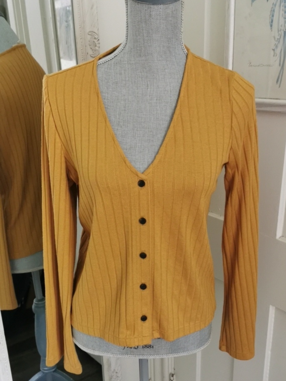 Madewell Mustard Basic Ribbed Button Preppy Cardigan/Bell Sleeves. M